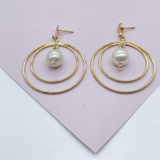 18k Gold Layered Double Stacked Hoop Earrings Featuring Simulated Pearl