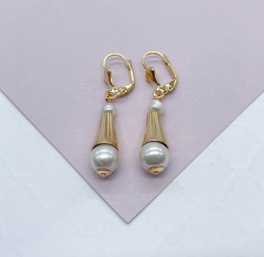 18k Gold Layered Dangling Earring With Simulated Pearl Ball Attached To The