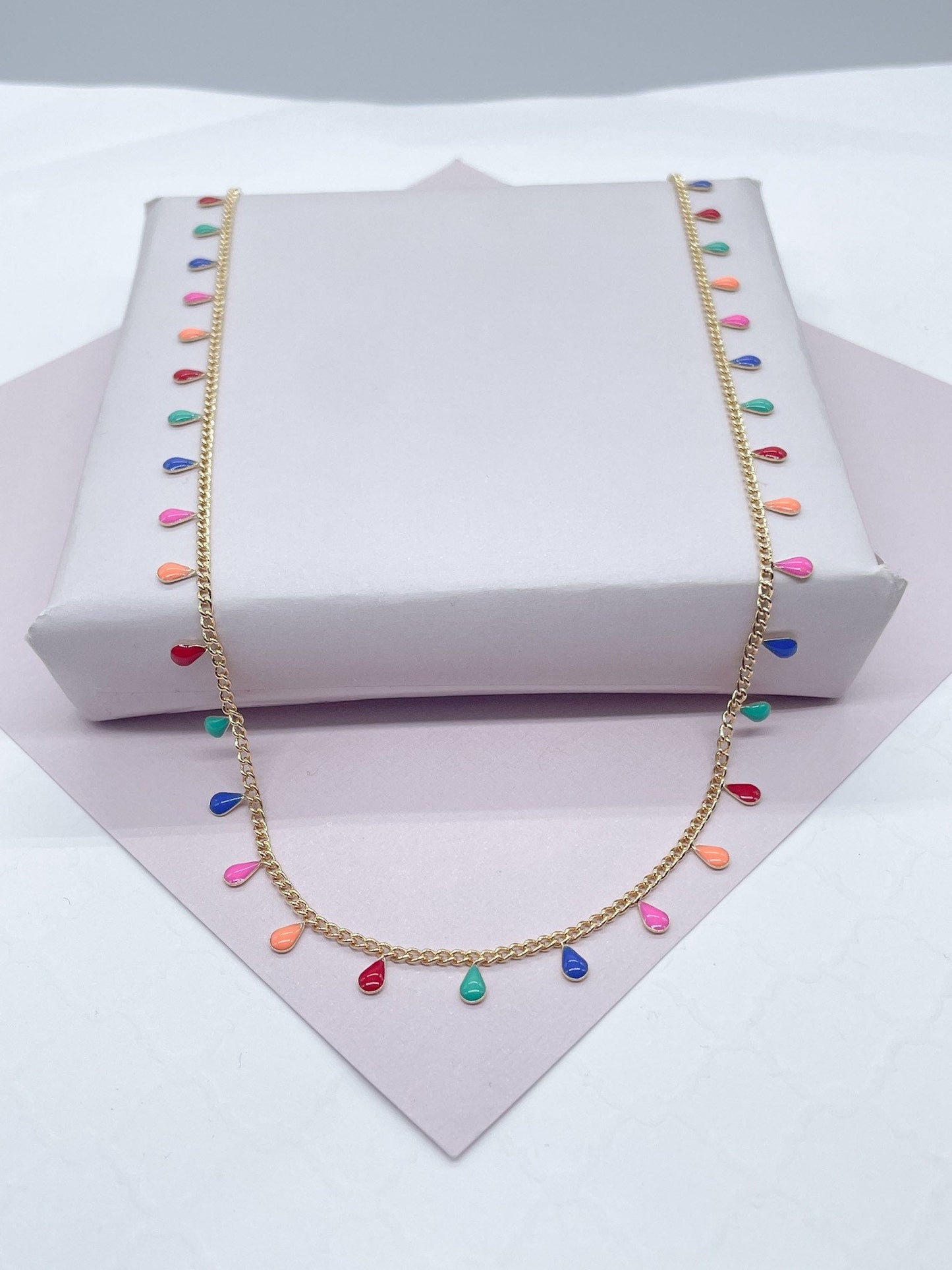 18k Gold Layered Little Colorful Enamel Tear Drop Charms Set Necklace and