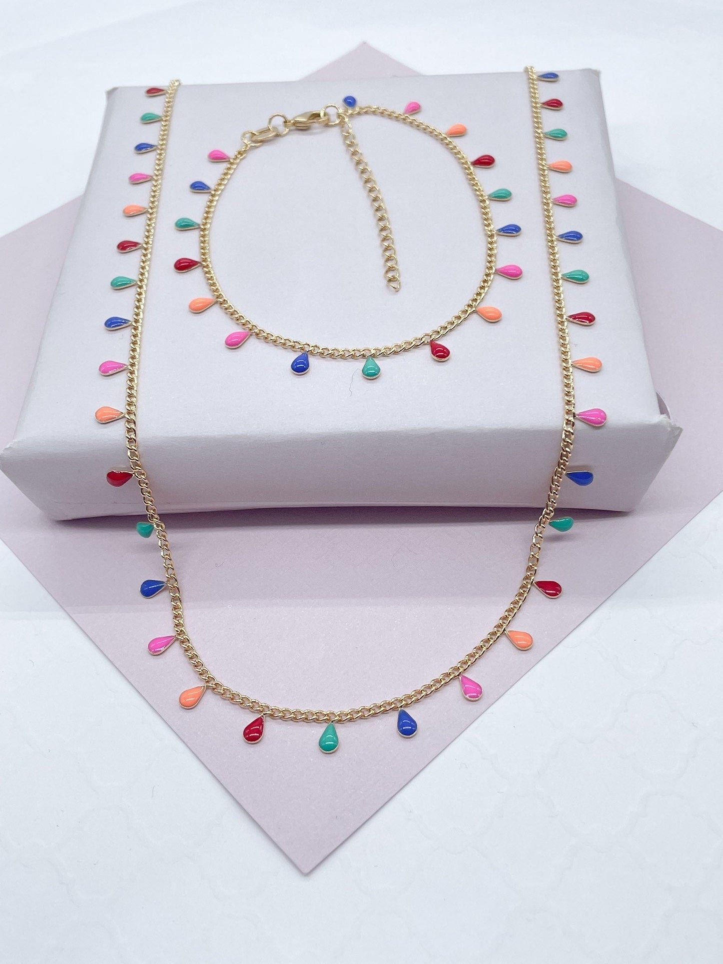 18k Gold Layered Little Colorful Enamel Tear Drop Charms Set Necklace and