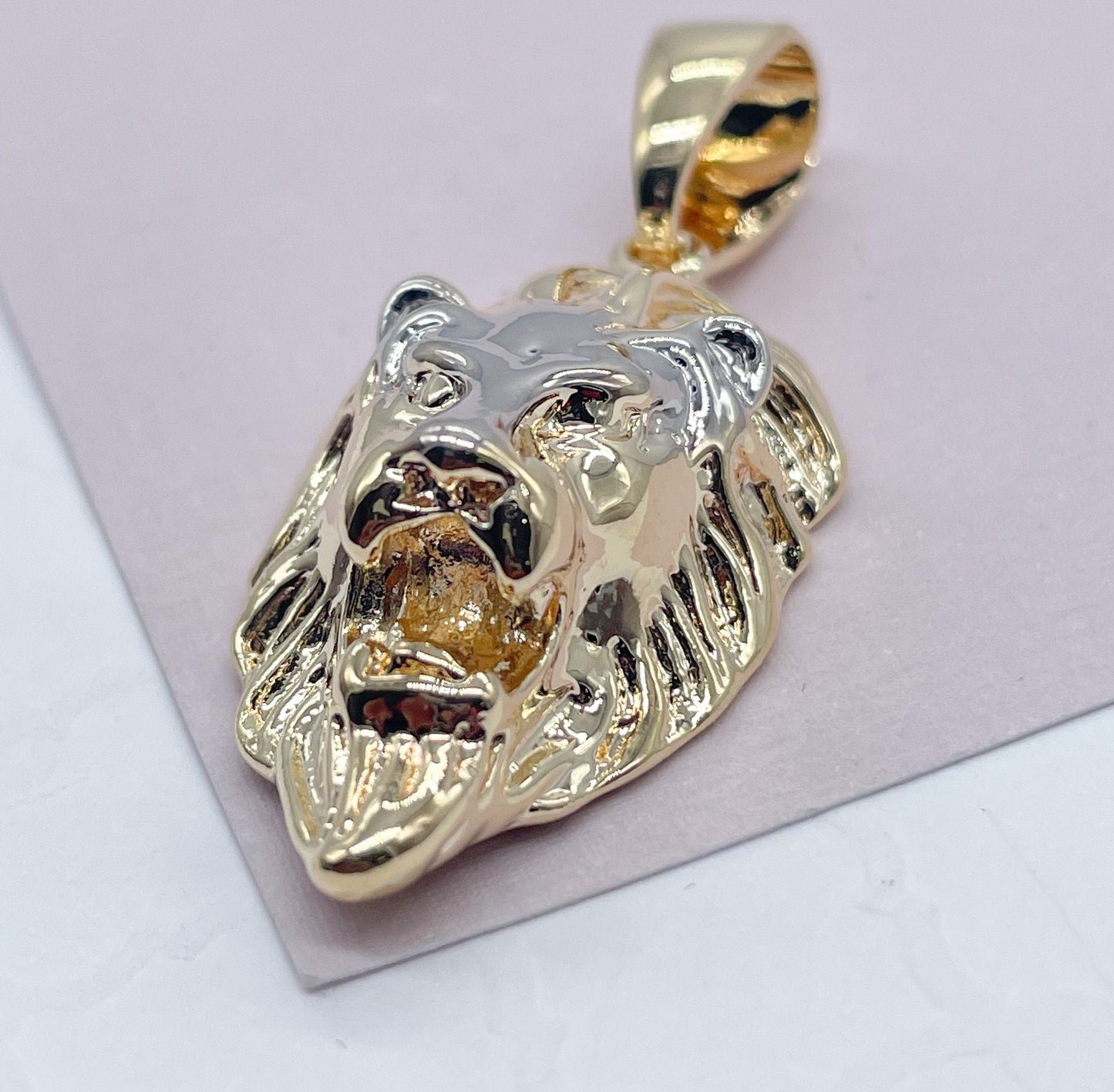 18k Gold Layered Lion Head Pendant With Silver Head And Gold Mane Tow Tone