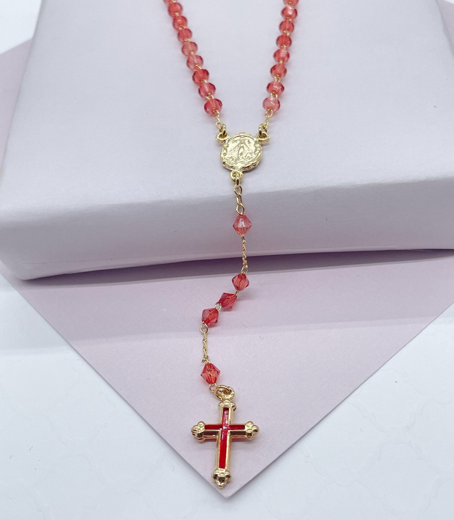 18k Gold Layered Red Beaded Rosary Featuring Dark Red Cross Wholesale Jewelry
