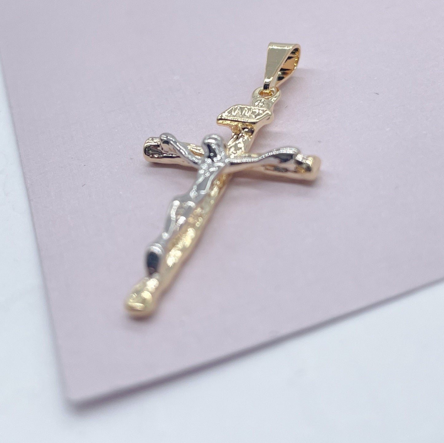 18k Gold Layered Two Tone Crucifix Cross Featuring Image of Jesus Christ in