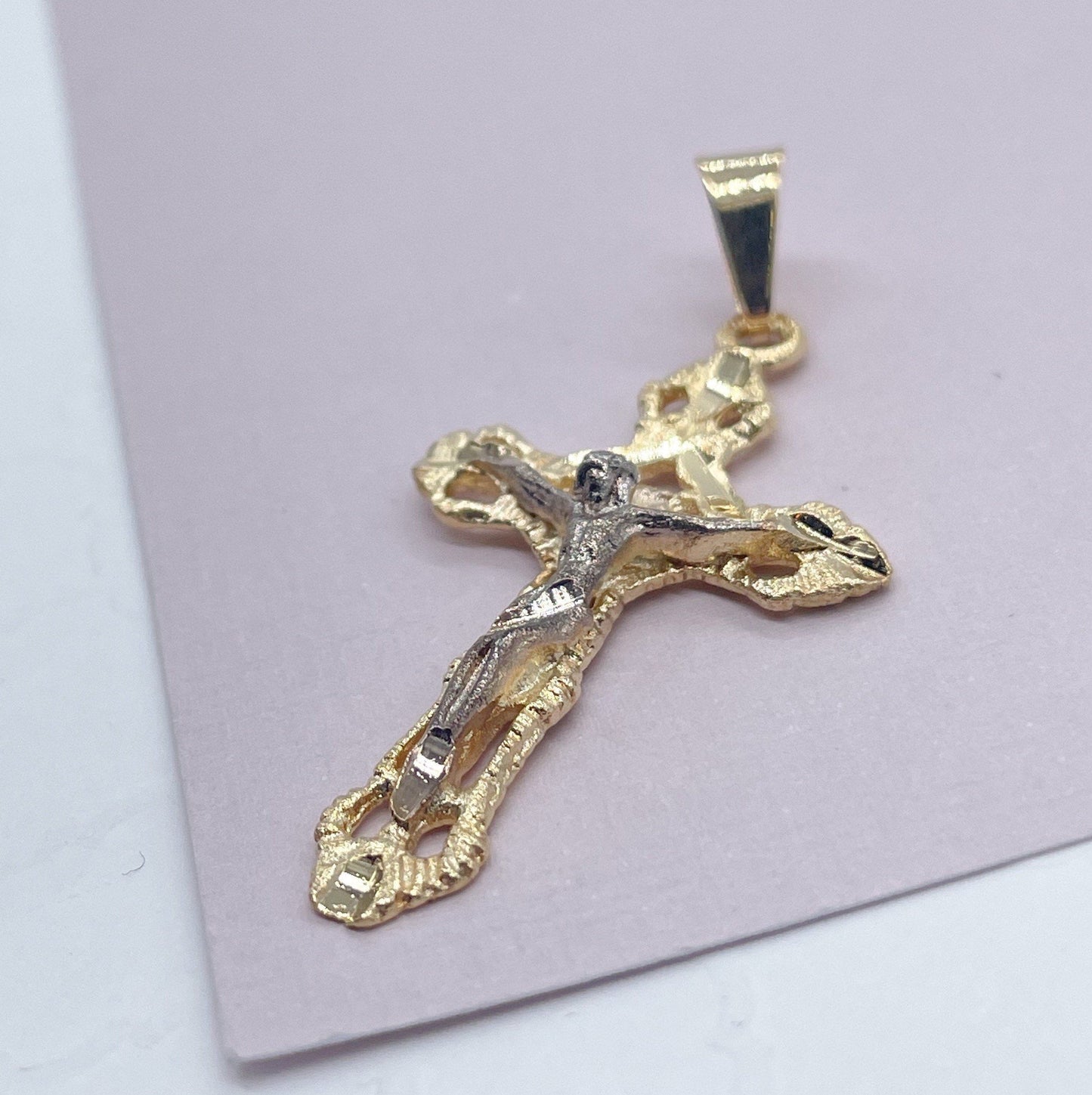 18k Gold Layered Textured Crucifix Cross Featuring Image Of Jesus Christ in