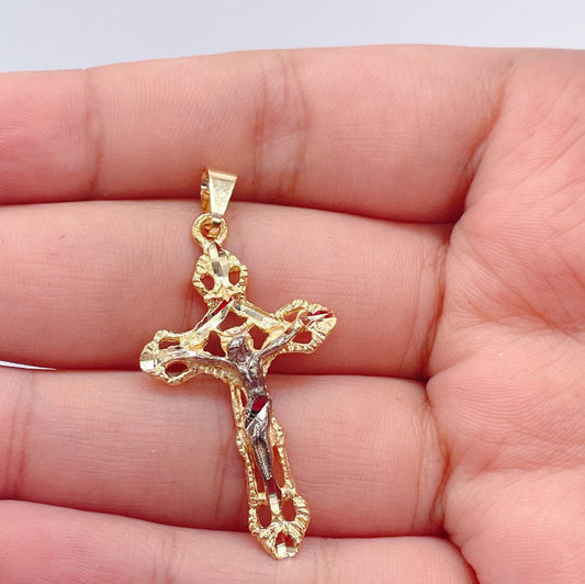 18k Gold Layered Textured Crucifix Cross Featuring Image Of Jesus Christ in