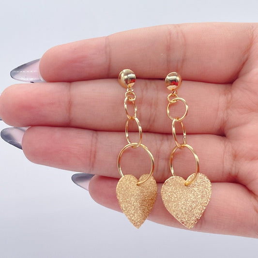 18k Gold Layered Rough Matte Flat Heart Dangling Earrings Wholesale Jewelry