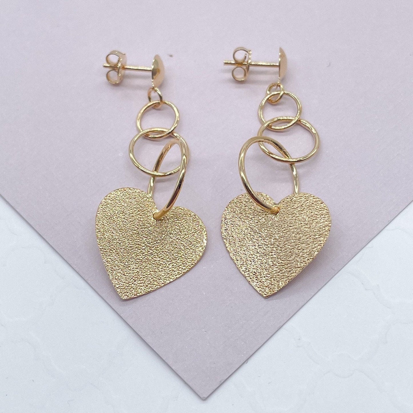 18k Gold Layered Rough Matte Flat Heart Dangling Earrings Wholesale Jewelry