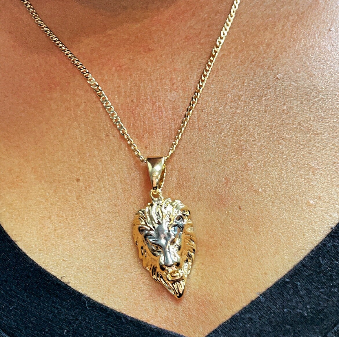 18k Gold Layered Lion Head Pendant With Silver Head And Gold Mane Tow Tone