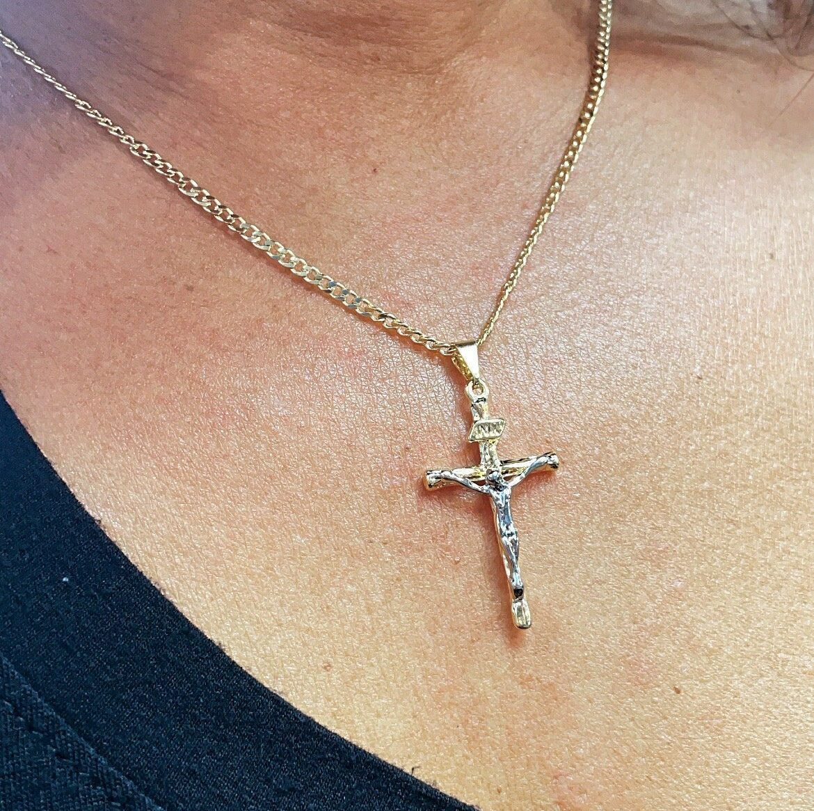 18k Gold Layered Two Tone Crucifix Cross Featuring Image of Jesus Christ in
