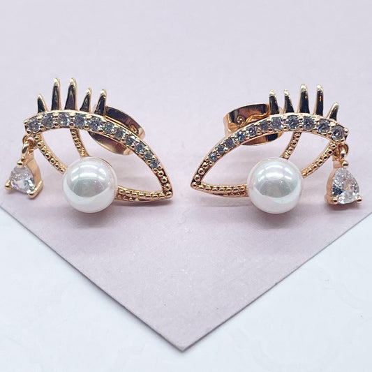 18k Gold Layered Evil Eye Earring With Pearl Ball Eye And Teardrop Cubic Zirconia