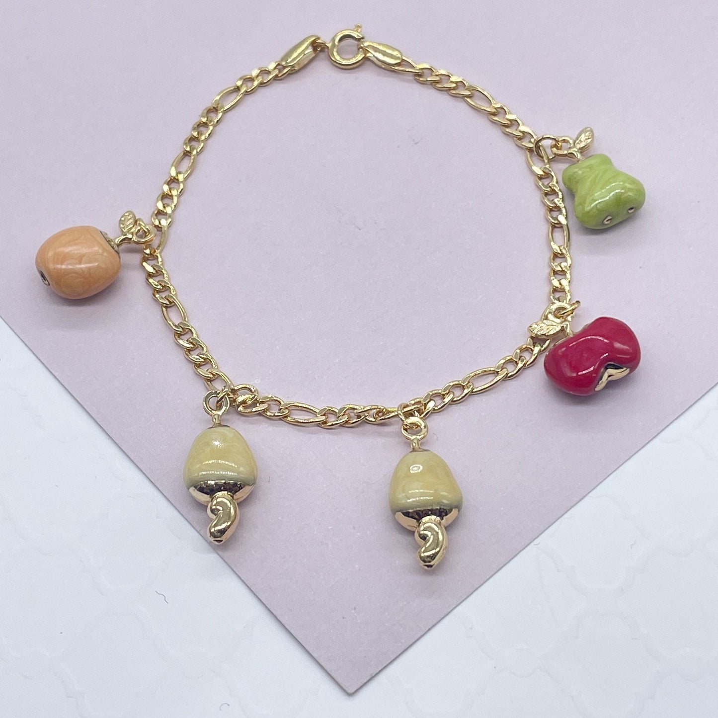 18k Gold Layered Charm Figaro Bracelet featuring Enamel Orange, Apple, Pear,