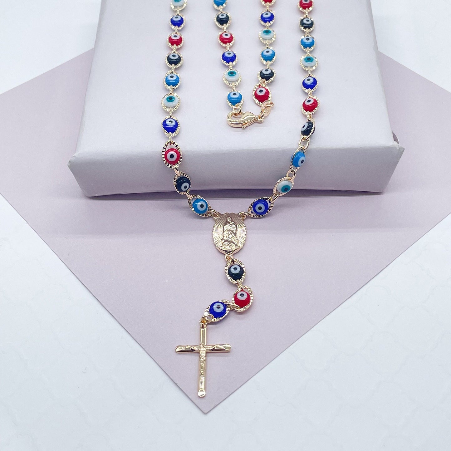 18k Gold Layered 24” long Colorful Evil Eye Rosary Style Necklace Featuring Our