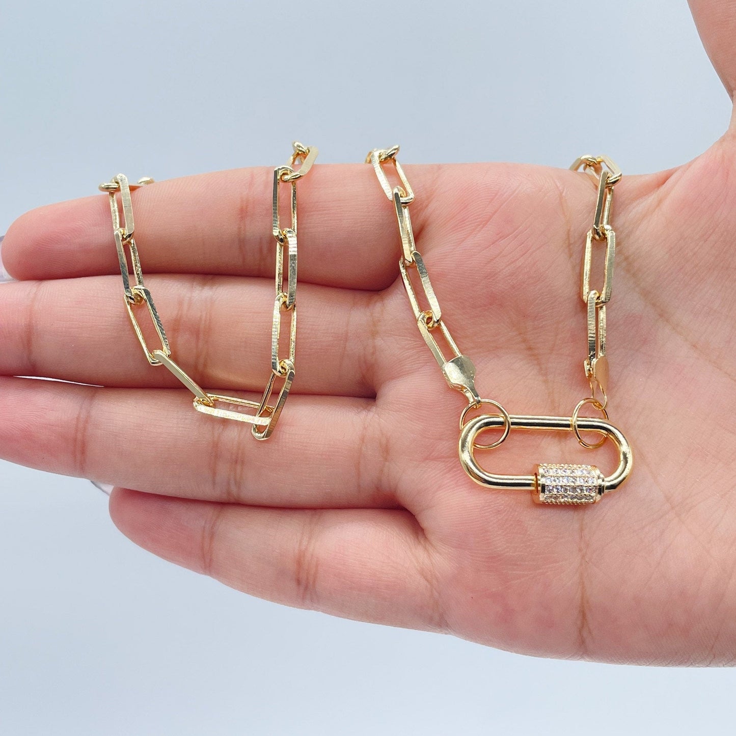 18k Gold Layered Paperclip Choker with Zirconia Carabiner Front Lock Wholesale