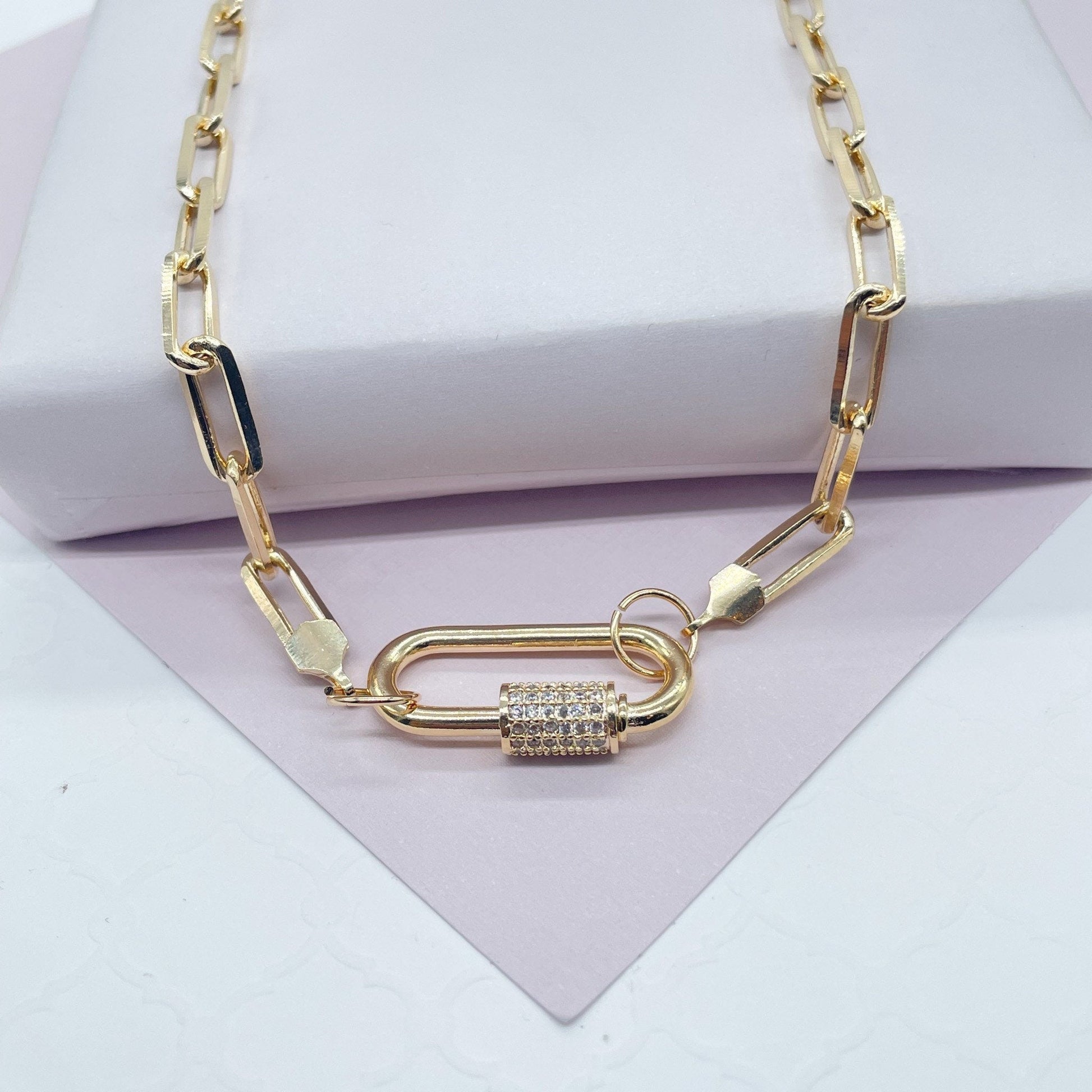 18k Gold Filled Paperclip Choker with Zirconia Carabiner Front Lock