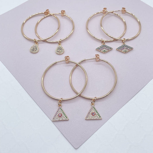 18k Gold Filled Charm Thin Hoop Earrings Featuring Evil Eye, Teardrop Or Banner Shape Charms In Rose Gold