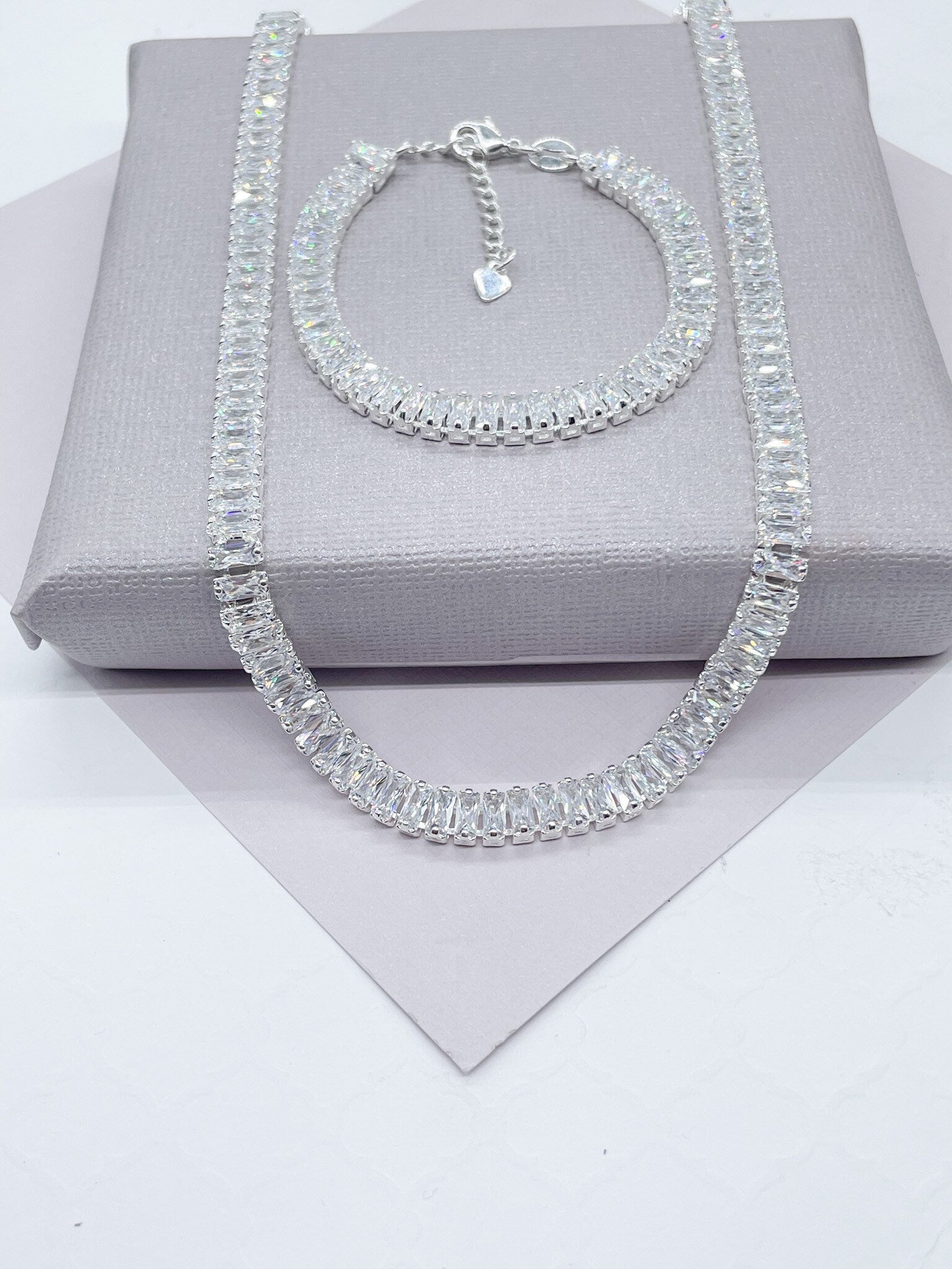 18k Gold Filled Silver Baguette Zircon Set