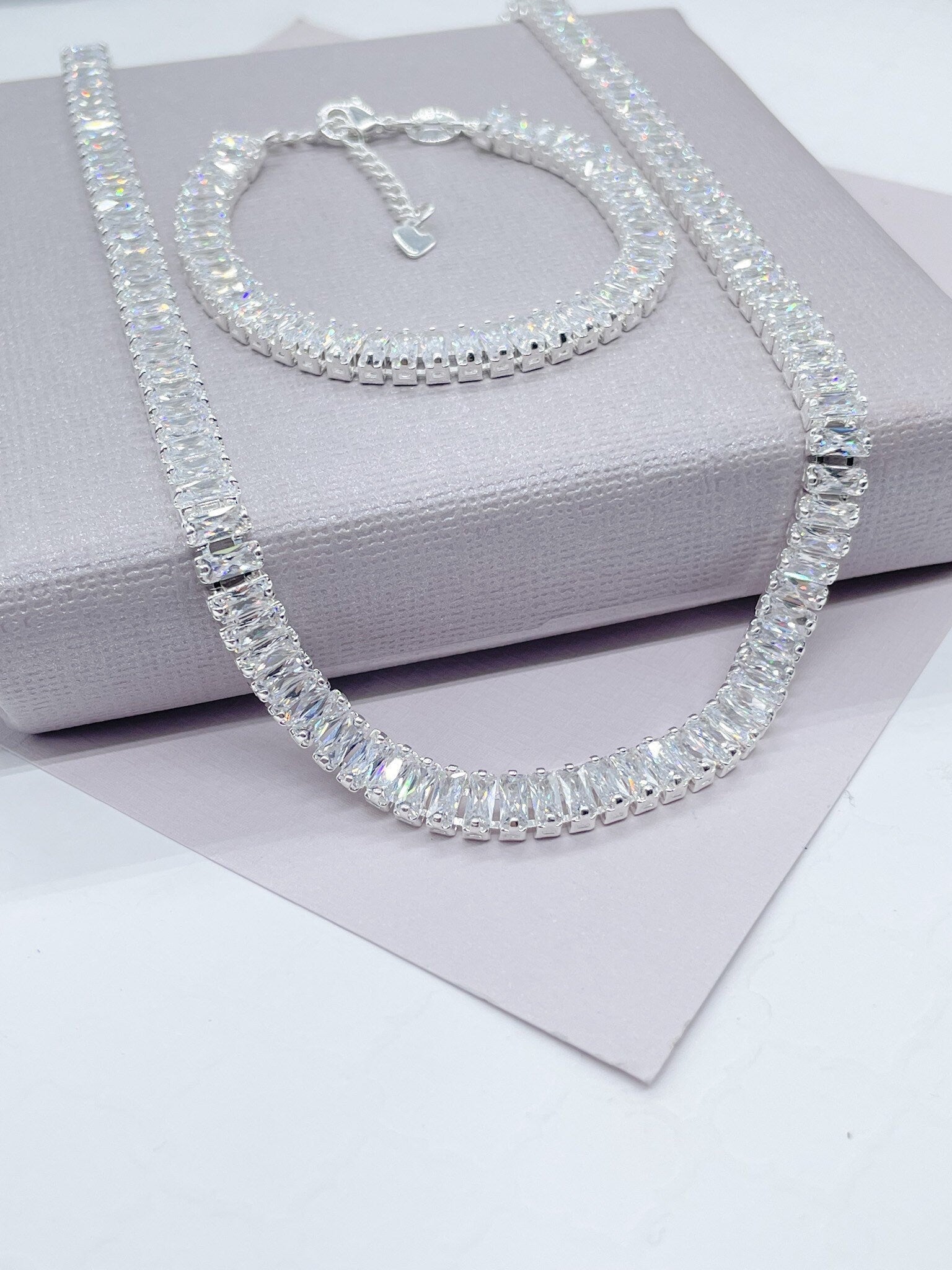 18k Gold Filled Silver Baguette Zircon Set