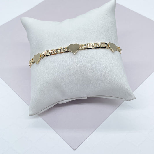 18k Gold Filled Mariner Link Bracelet With Stamped HeartsWholesale Jewelry Supplies