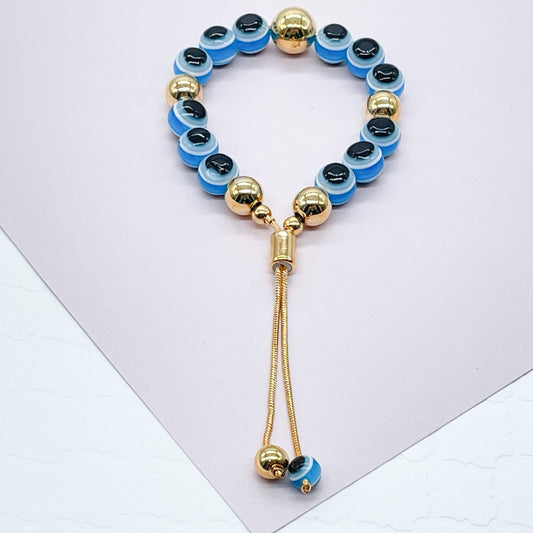 18k Gold Filled Glass Bead Ball Evil Eye Bracelet Featuring Gold Ball Bead on a Adjustable Slide Clasp