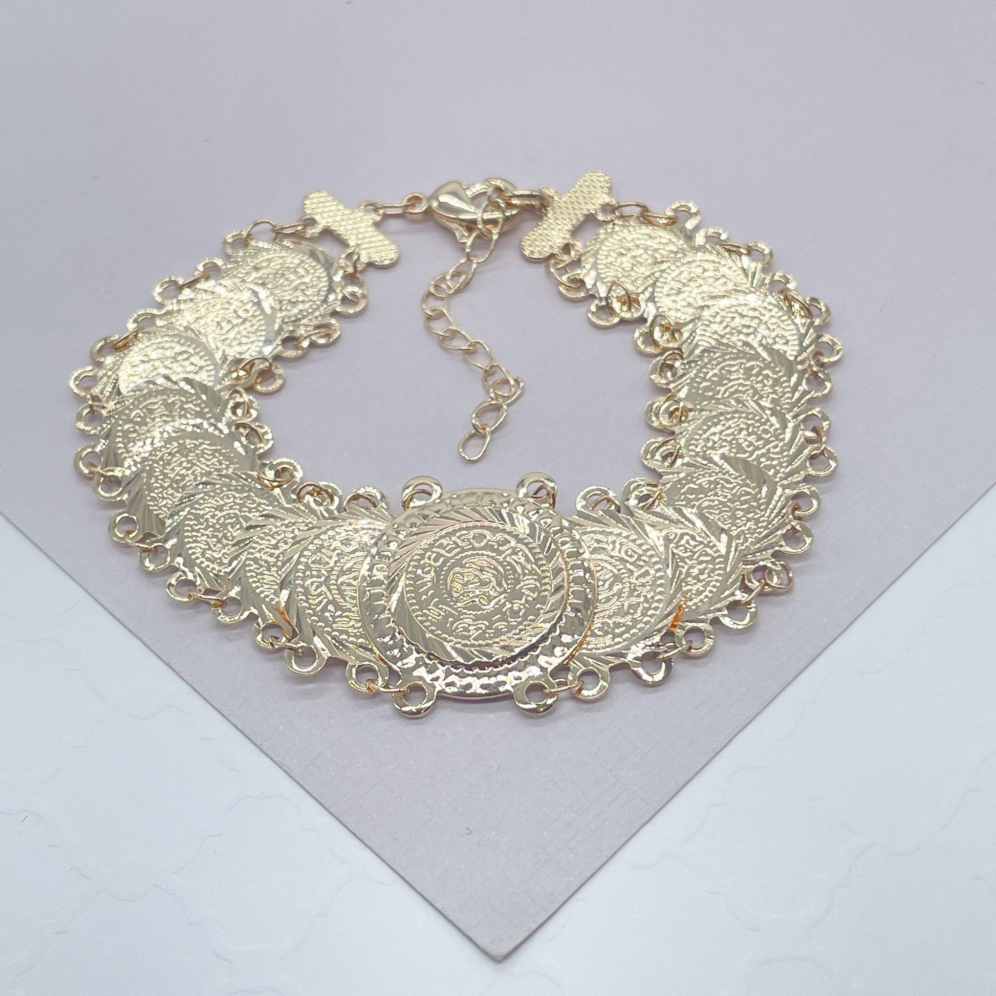18k Gold Filled Engraved Coin Overlapping Bracelet