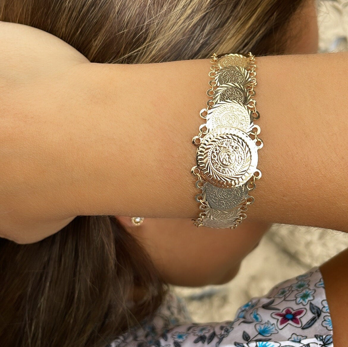 18k Gold Filled Engraved Coin Overlapping Bracelet