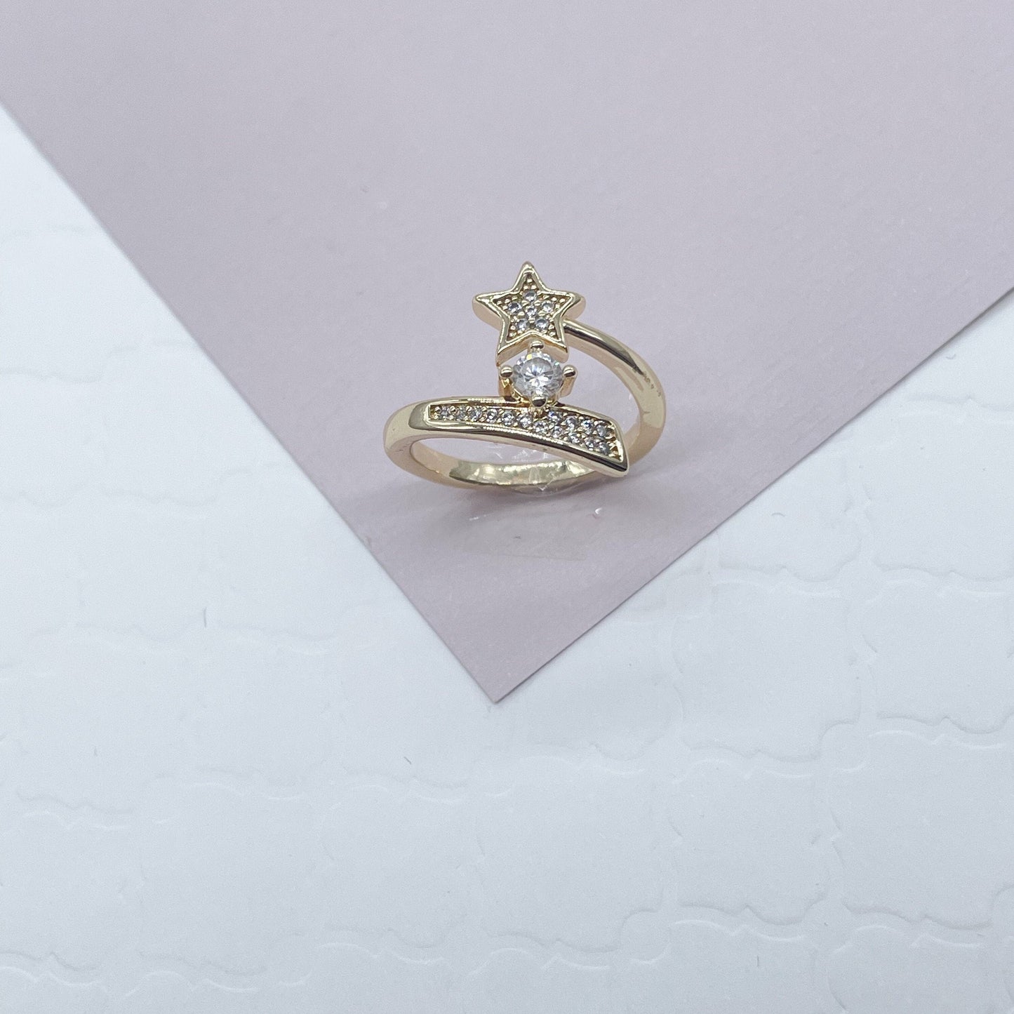 18k Gold Filled “Shooting Star” Ring Featuring Micro Pave Cubic Zirconia and A Solitaire   Dainty Jewelry