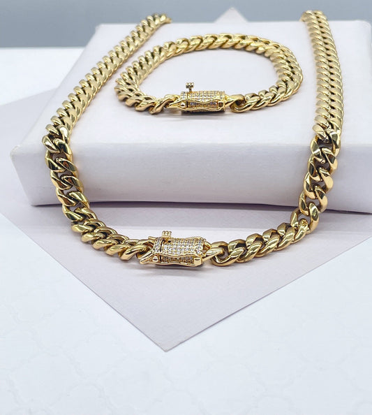 18k Gold Filled Original 8mm Miami Cuban Link Necklace and Bracelet featuring Zirconia Box Clasp