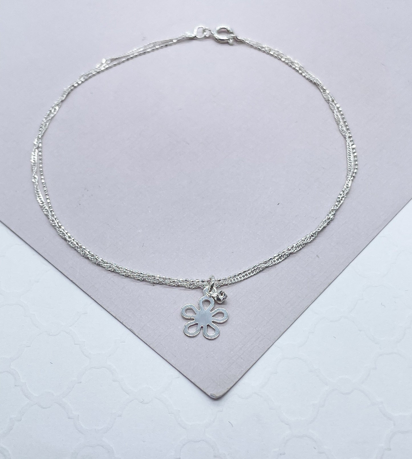 18k Silver Filled Dainty Double-Chain Anklet With Hanging Plain Flower & Zirconia Stone
