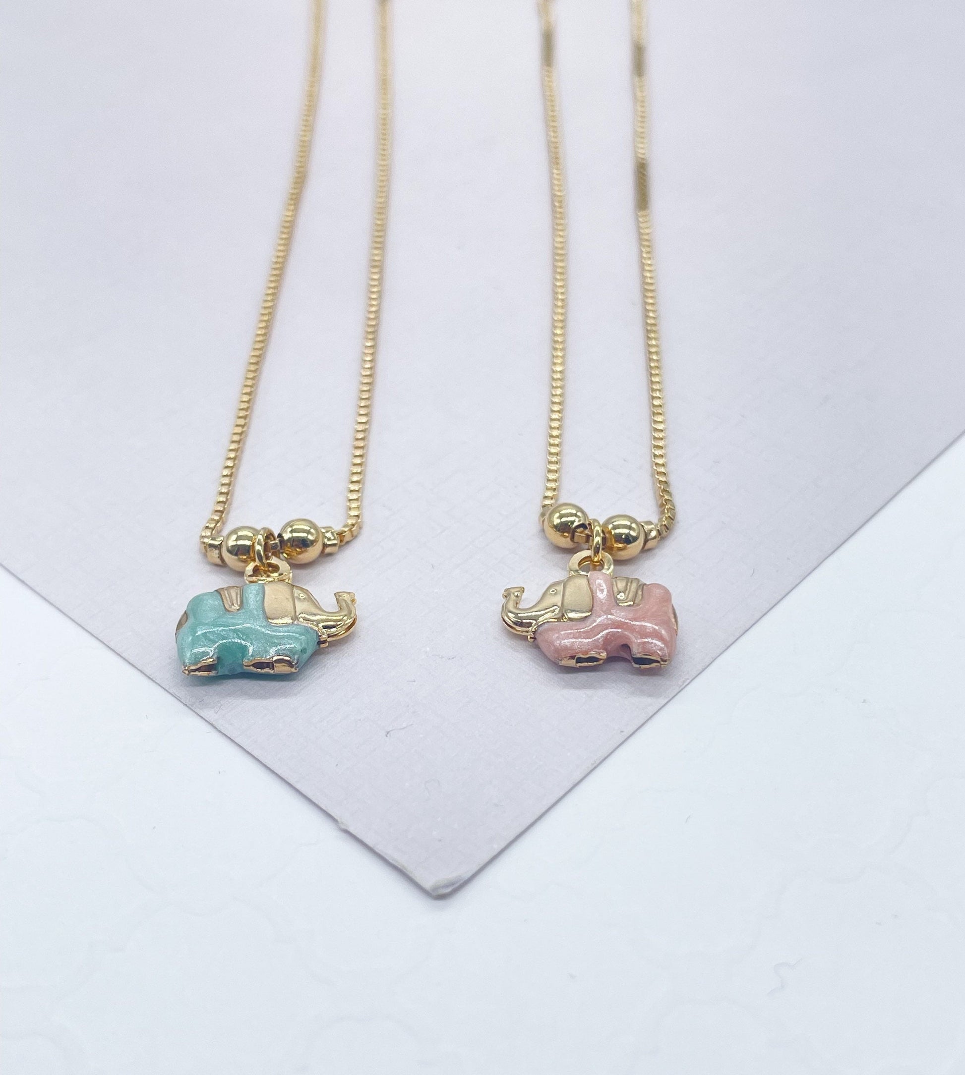 18k Gold Filled Box Chain Anklet With Pastel Colored Elephant Charm