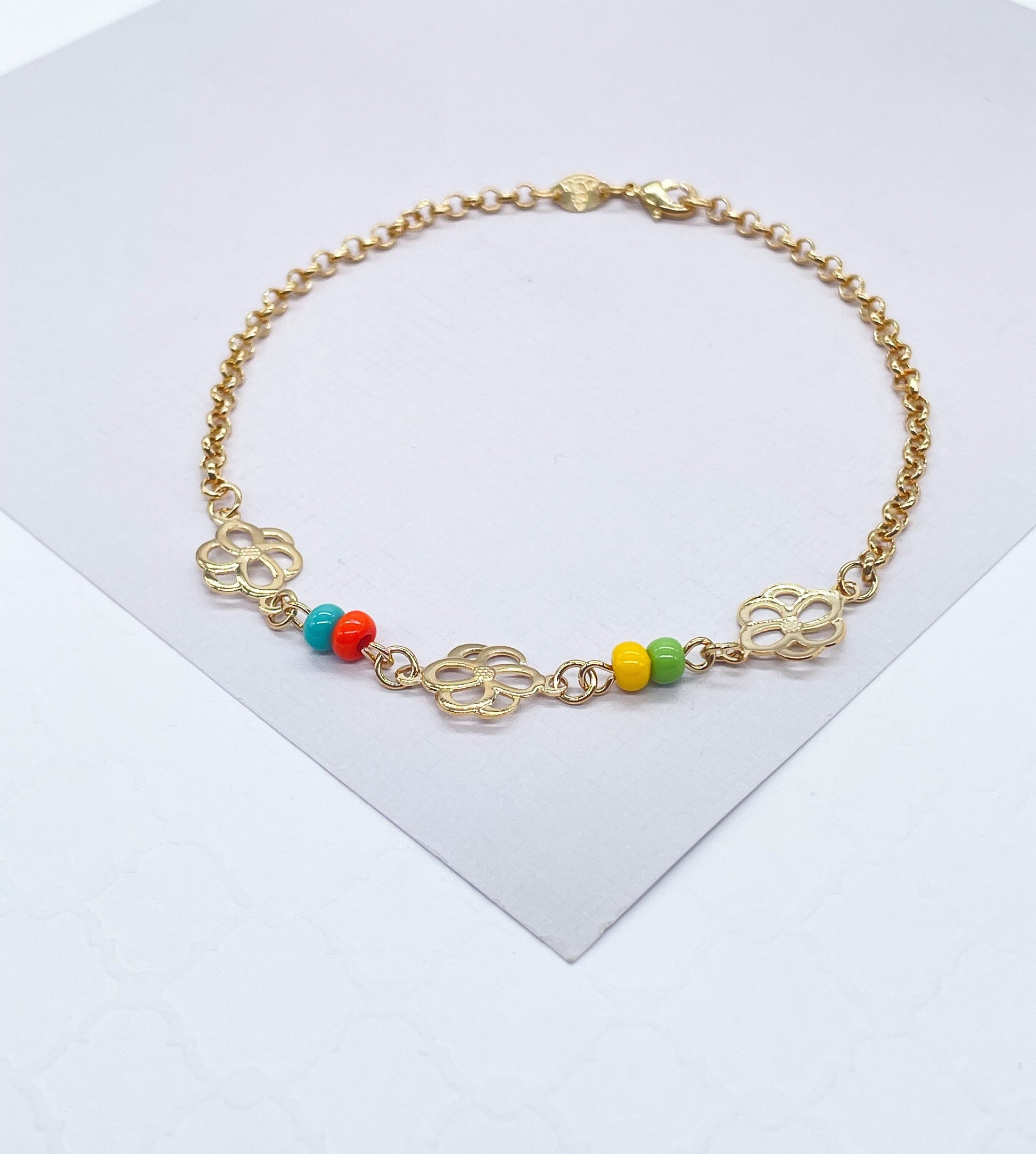 18k Hold Filled Rolo Chain Anklet With Colorful Beads and Flower Charms Attached