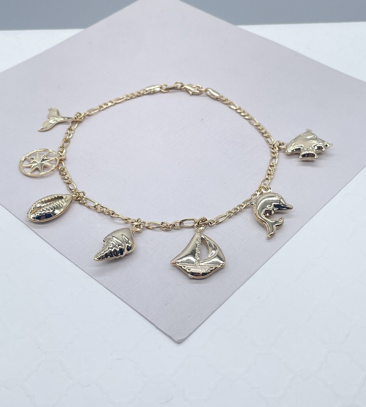 18k Gold Filled Figaro Anklet With Chunky Sea Life Charms