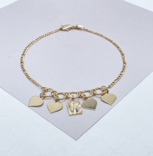 18k Gold Filled Figaro Anklet With Plain Heart Charms & Love Charm