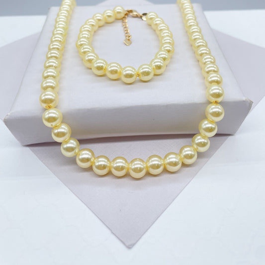 18k Gold Filled 8mm Beaded Cream Colored Pearl Set