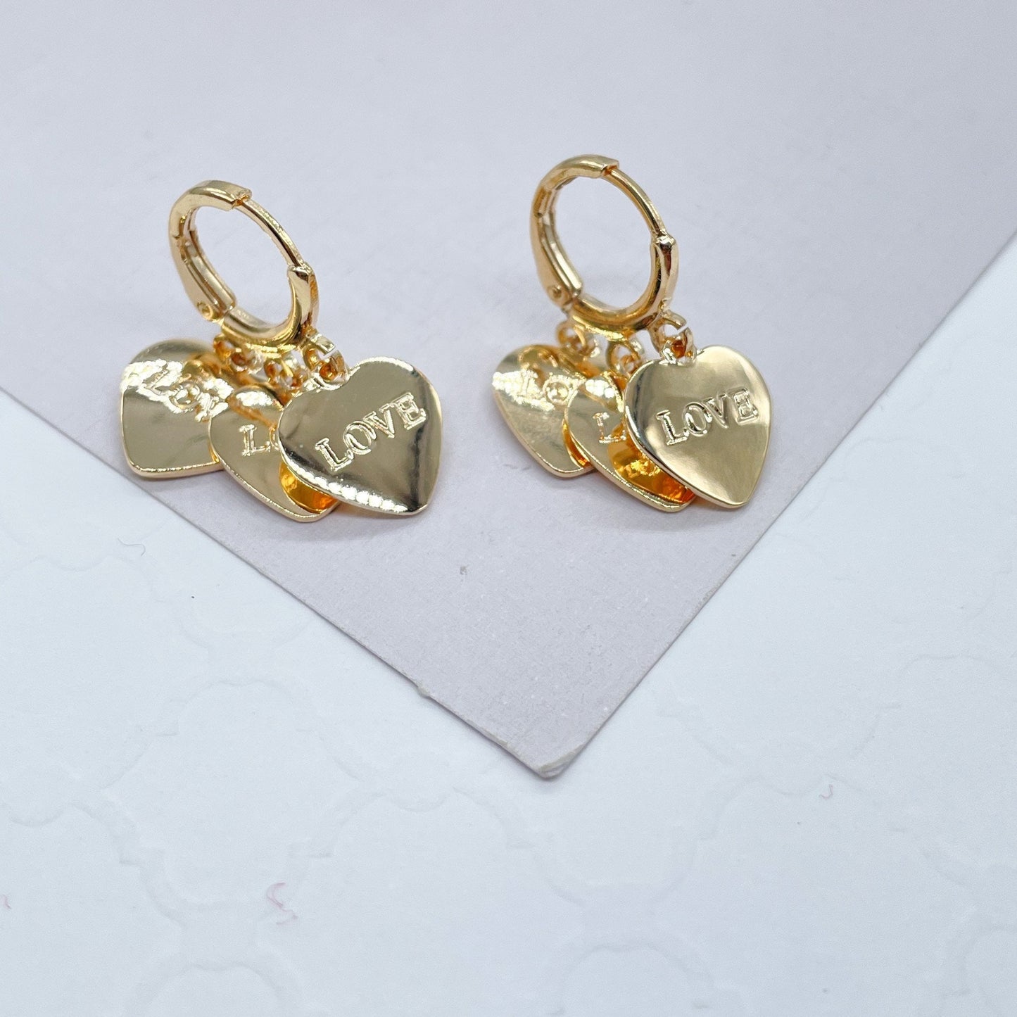 18k Gold Filled Chandelier Earrings With Double Side Charms of “Love & Amor”