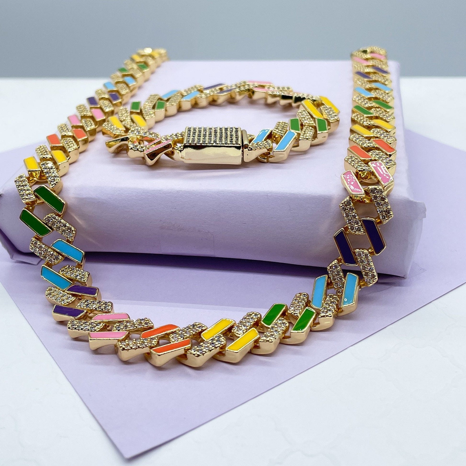 18k Gold Filled Colorful Enamel and Zirconia Thick Cuban Link Set