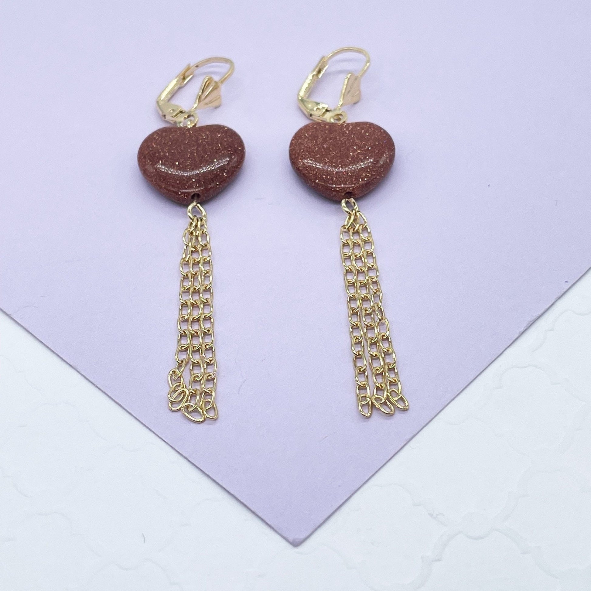 18k Gold Filled Heart Shaped Venturina Drop Earrings, Goldstone Earrings, Brown Stone Earrings