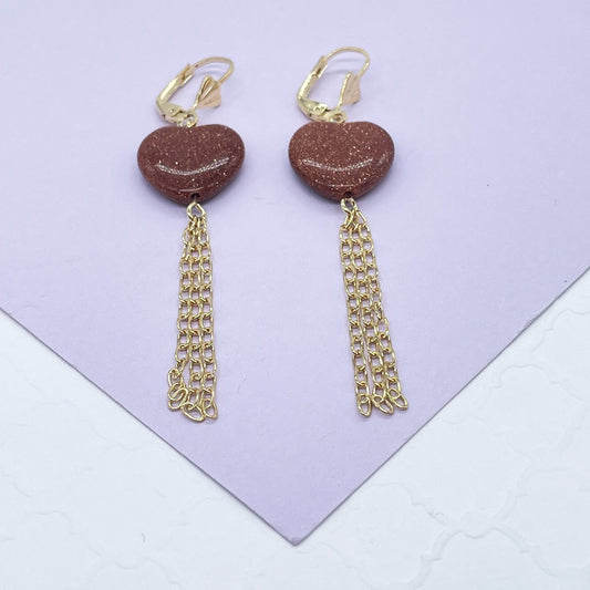 18k Gold Filled Heart Shaped Venturina Drop Earrings, Goldstone Earrings, Brown Stone Earrings