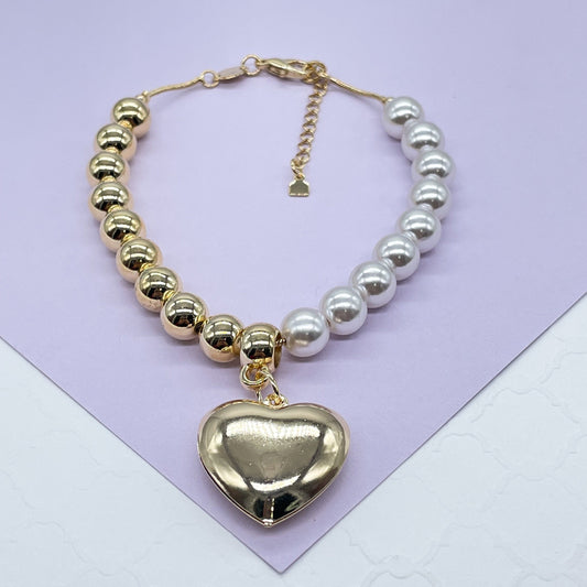 18k Gold Filled Half Gold & Pearl Bracelet with Large Puffy Heart