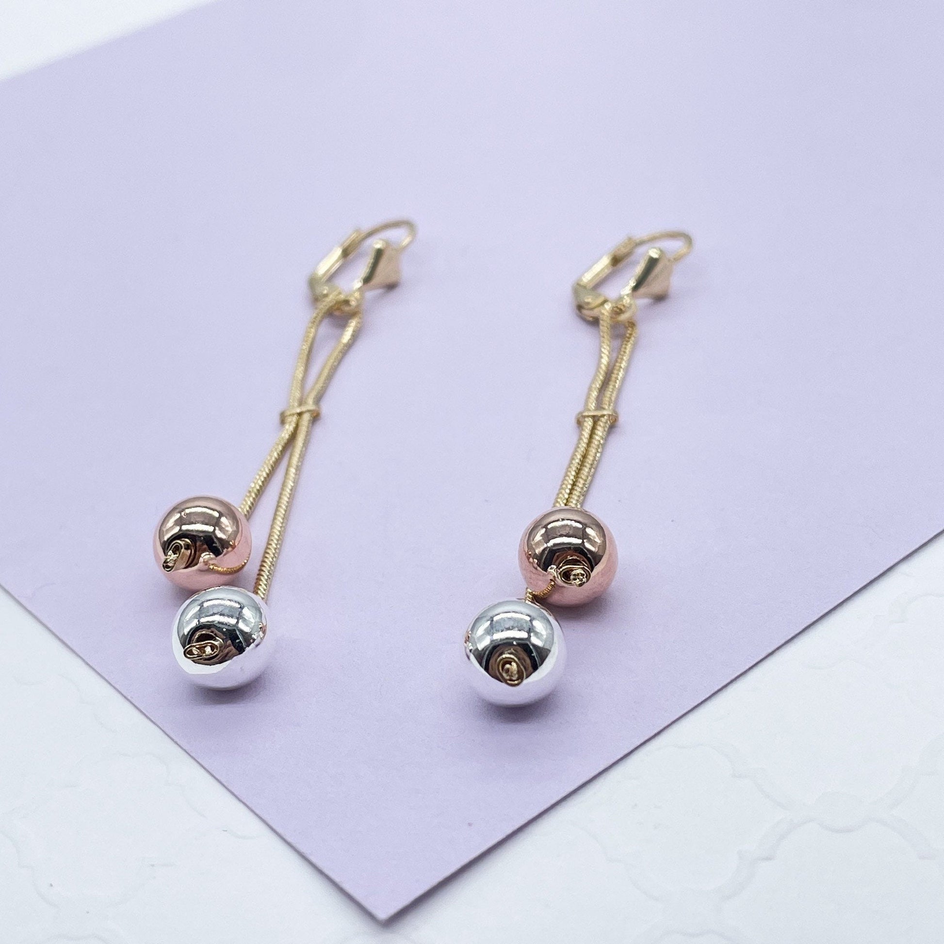 18k Gold Filled Tri-Color and Plain Gold Dangle Beaded Earrings