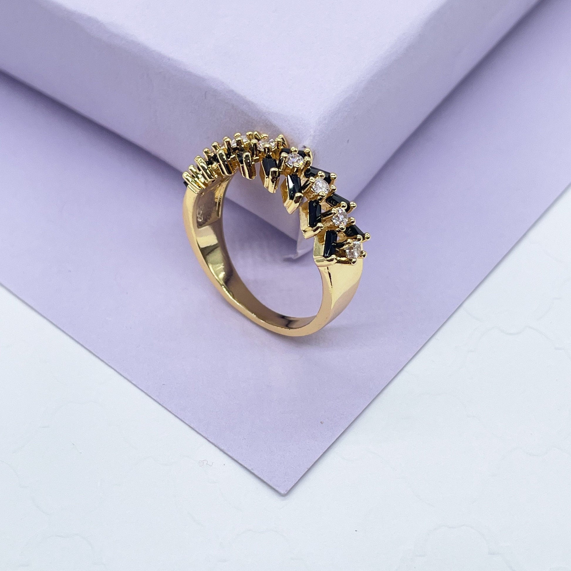 18k Gold Filled Black Baguette Stone Ring, With White Stone Row in between
