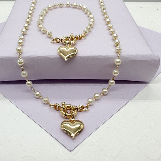 18k Gold Filled Kids Pearl Choker with Heart Pendant Set