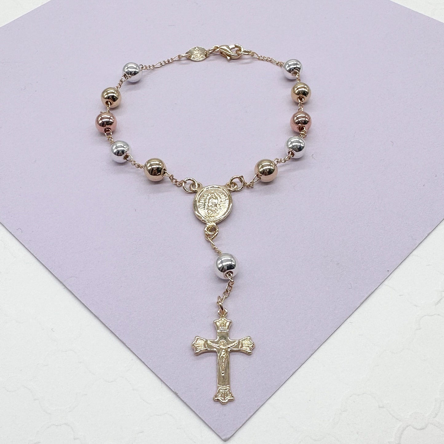 18k GoldFilled Tri-Colored Rosary Bracelet With Virgin Mary Charm