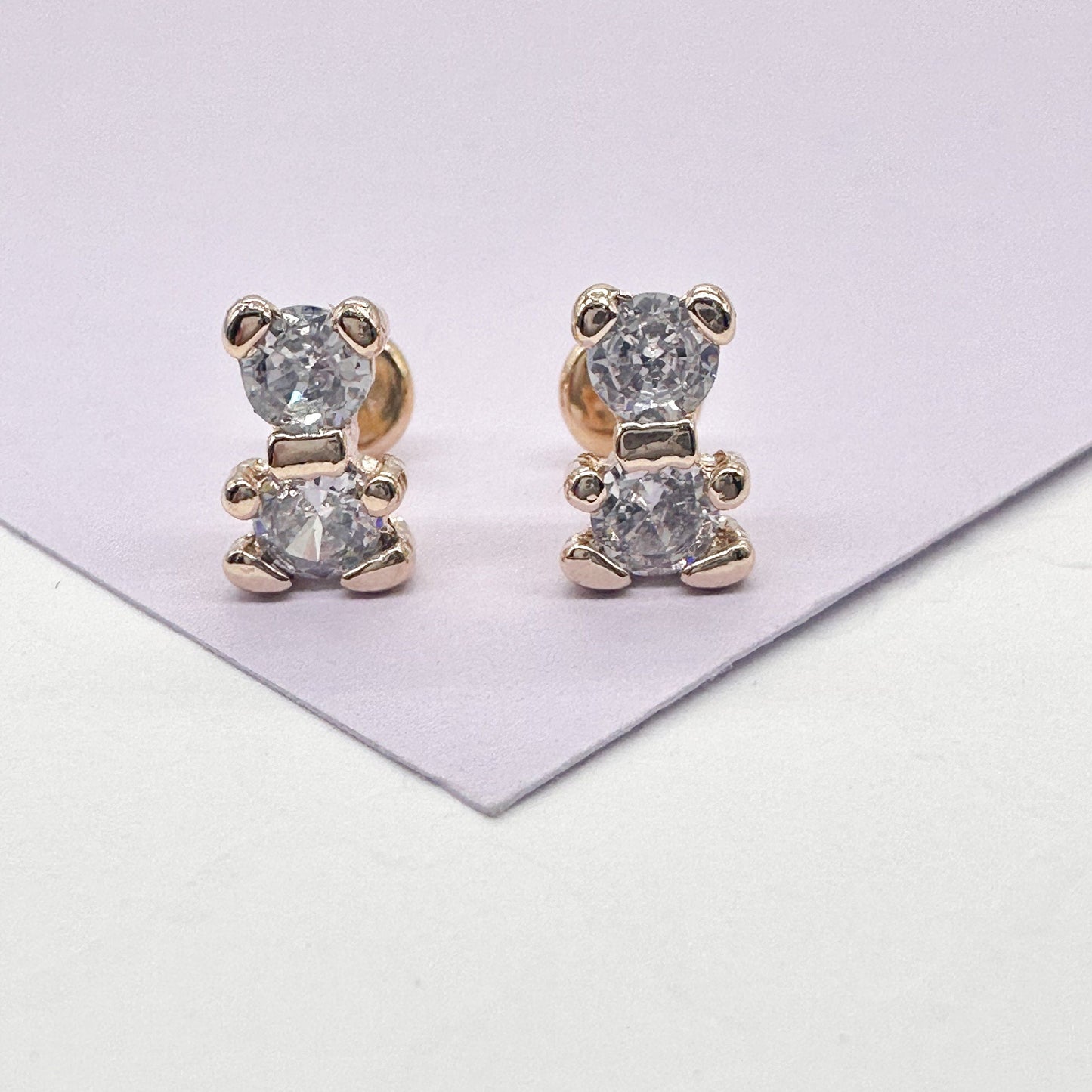 18k Gold Filled Zirconia Teddy Bear Earrings