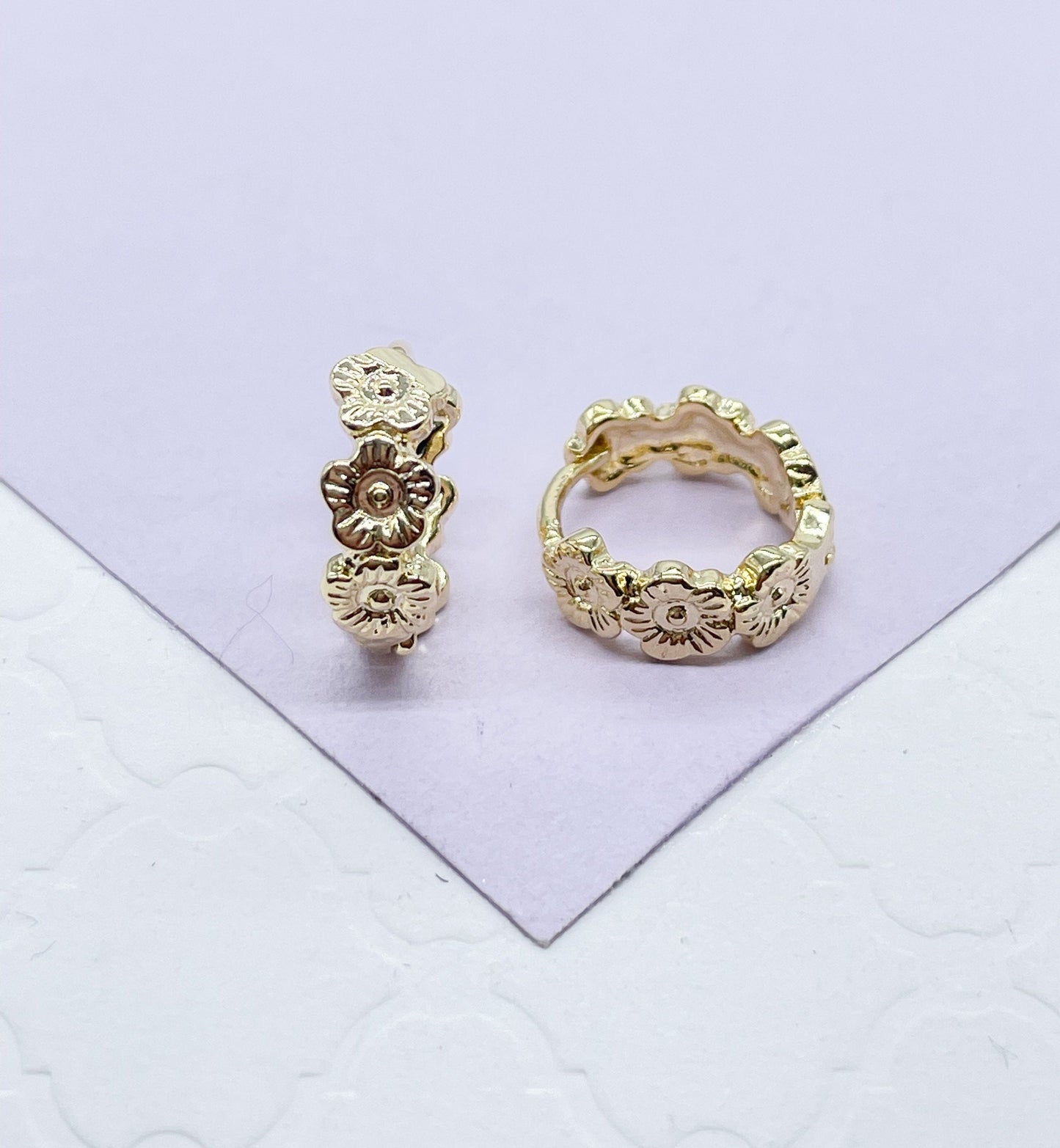 18k Gold Filled Flower Engraved Huggie Earrings