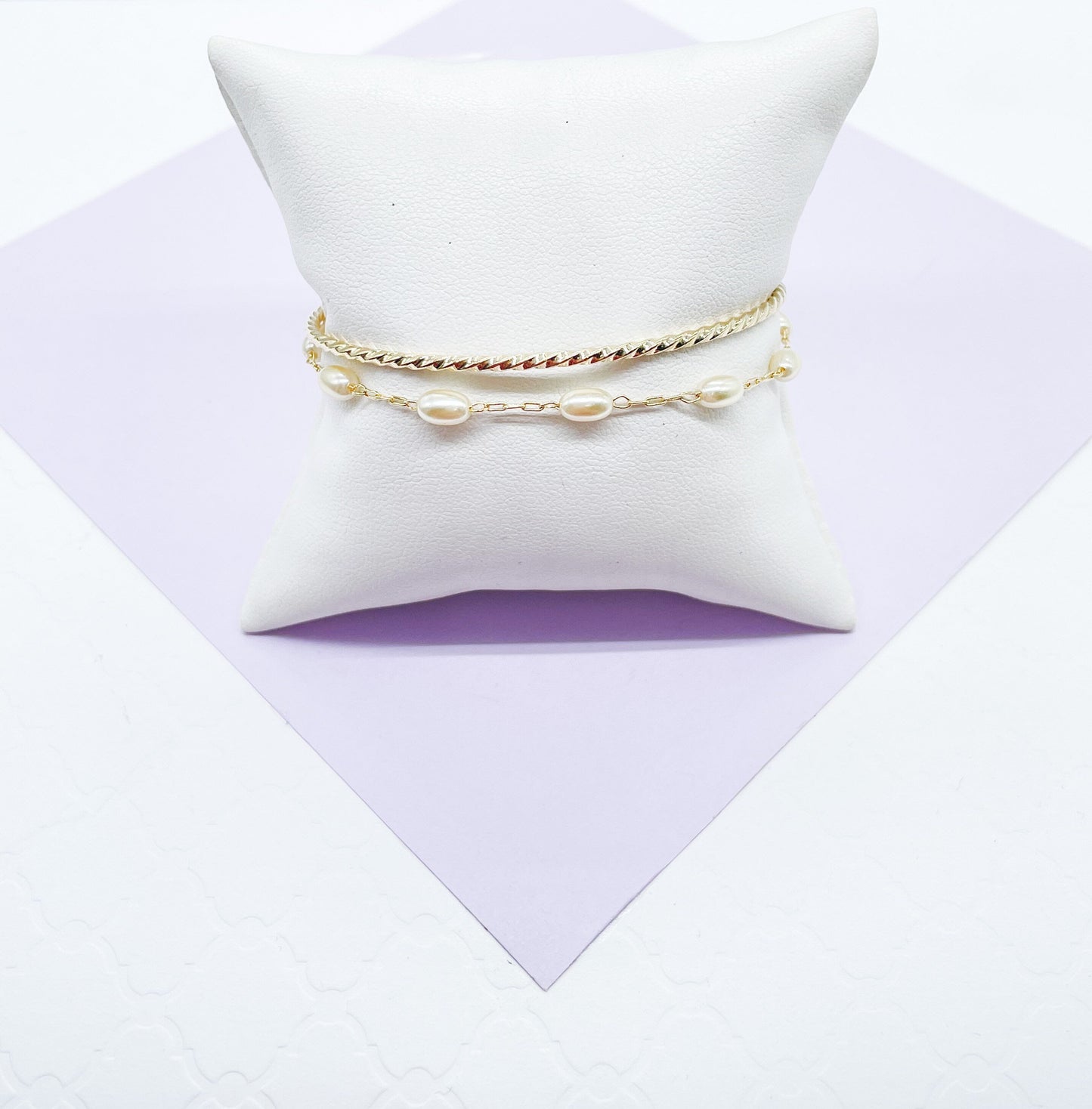 18k Gold Filled Double Bracelet with Cuff Bangle & Dainty pearl Satellite Bracelet