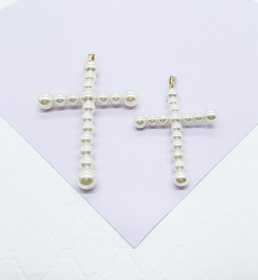 18k Gold Filled Faux all around Pearl Style Cross Pendant in two sizes