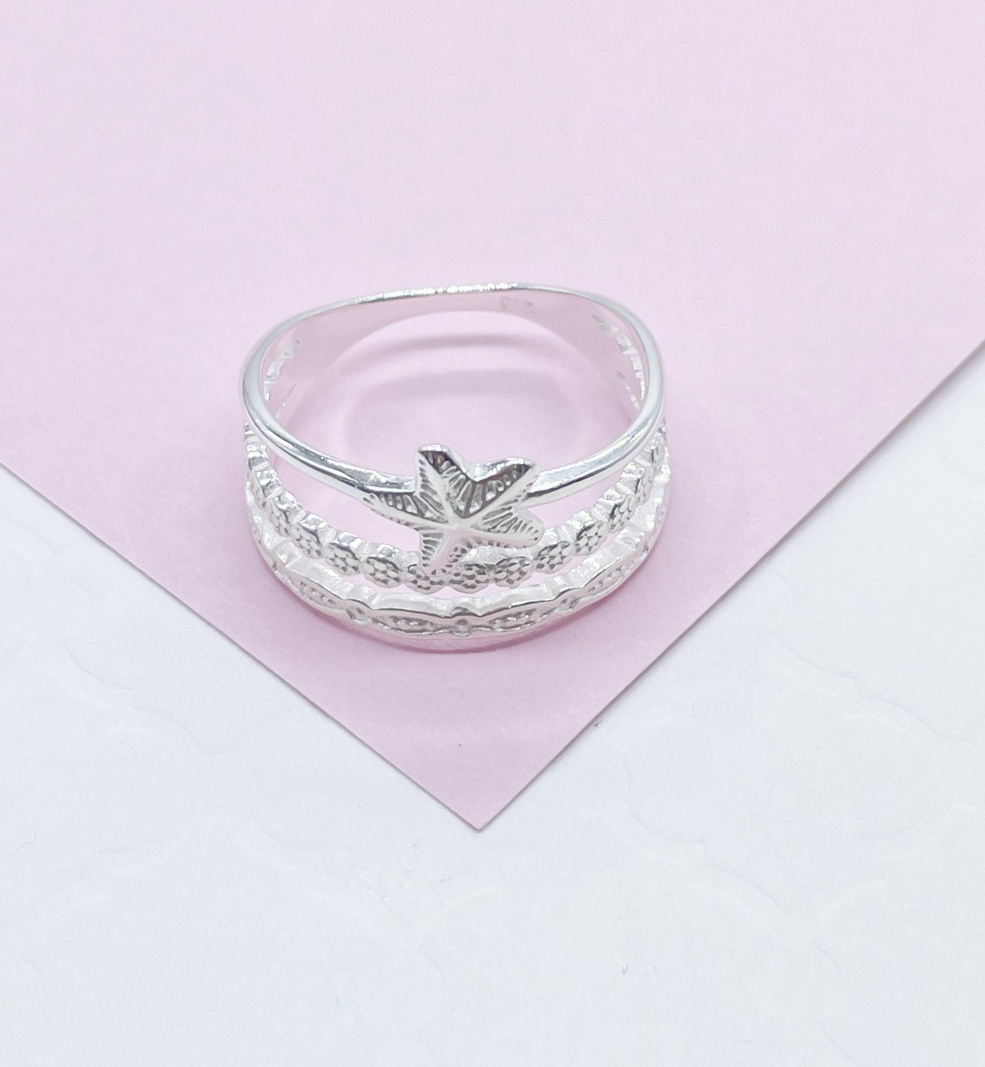 925 Sterling Silver Beach Themed 3 Rows With Star Fish Ring