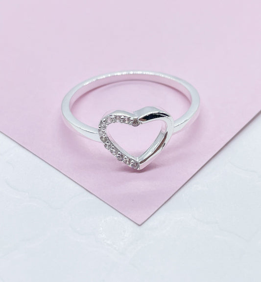 925 Sterling Silver Open Heart Ring With 1 Side of Pave Stones