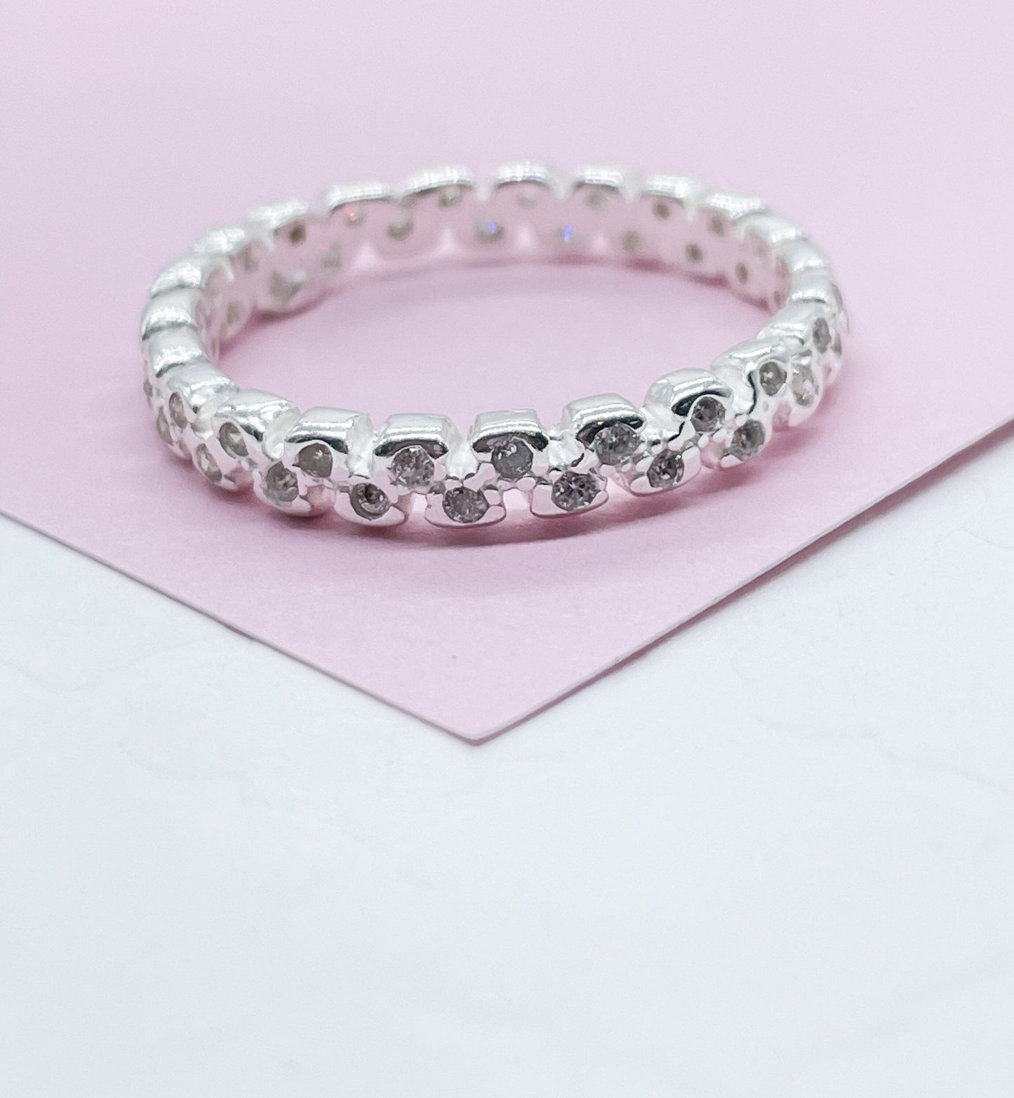 925 Sterling Silver Patterned Stackable Ring With CZ Stones Throughout Ring