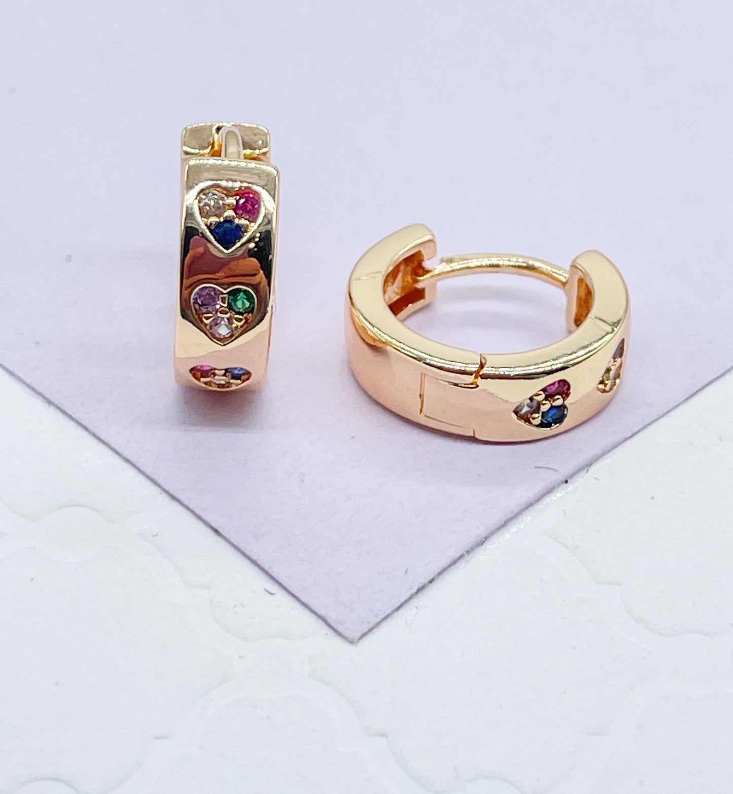 18k Gold Filled Huggie Earring With Colorful Stoned Hearts